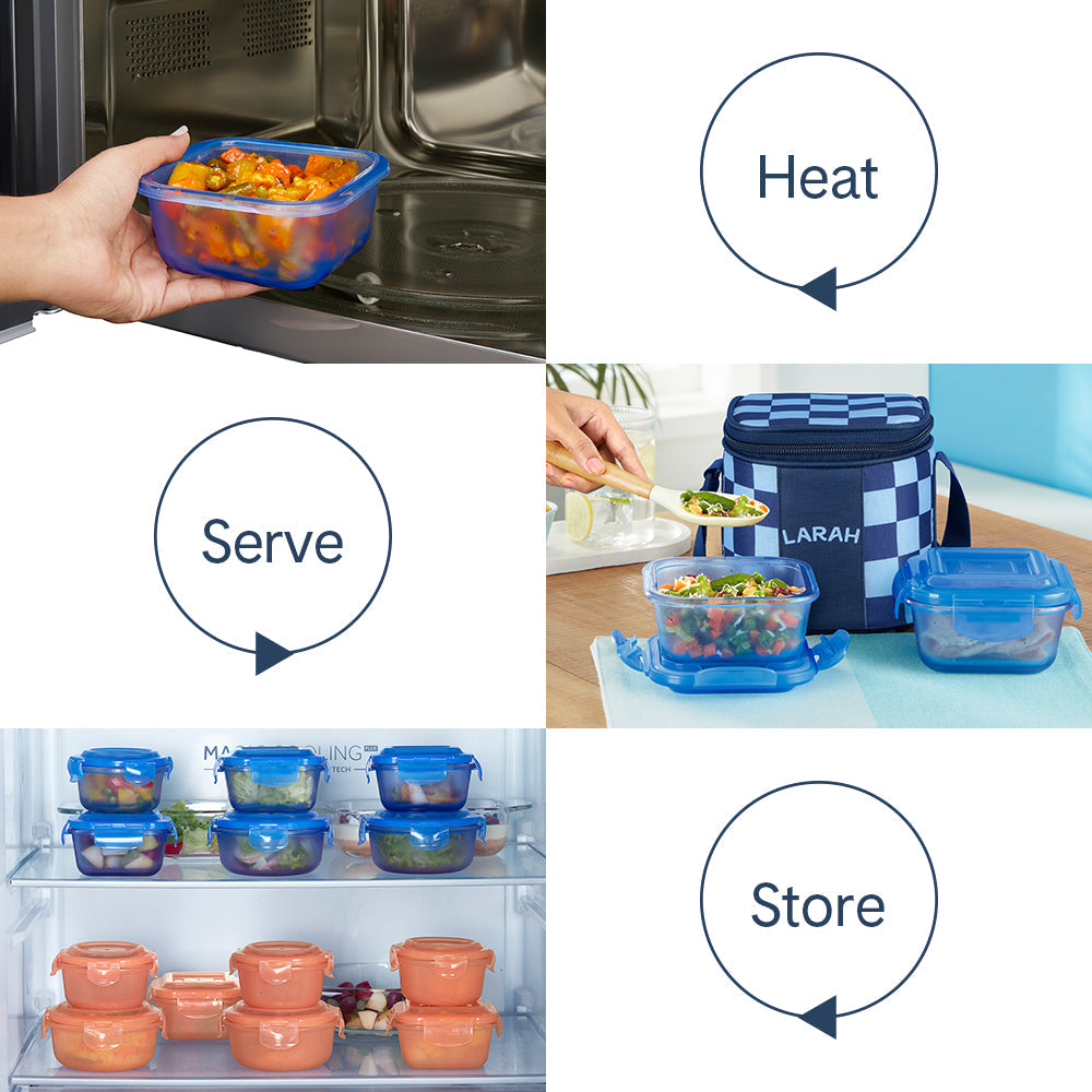 Borosil Larah Colormate Square Lunch Box, Blue, Set of 2, 320ml