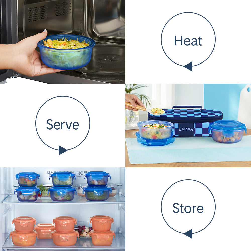 Larah Colormate Round Lunch Box, Blue, Set of 2, 400ml