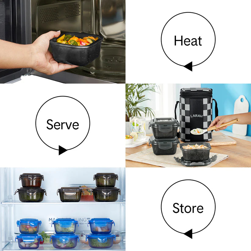 Larah Colormate Square Lunch Box, Black Set of 3, 320ml