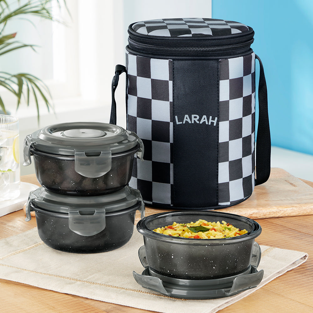 Borosil Larah Colormate Round Lunch Box, Black Set of 3, 400ml