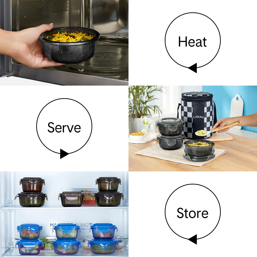 Borosil Larah Colormate Round Lunch Box, Black Set of 3, 400ml
