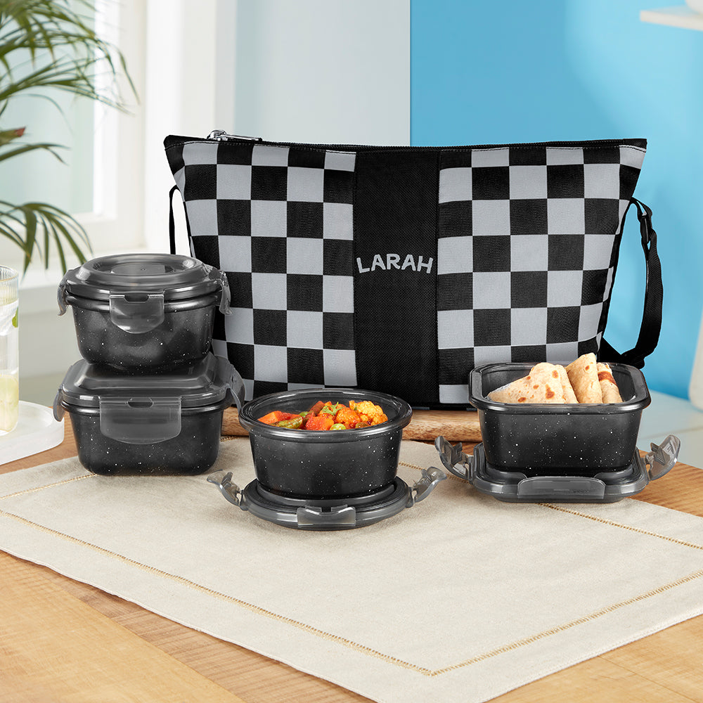 Borosil Larah Colormate Daisy Universal Lunch Box, Black Set of 4, 320ml x 2 + 240ml x 2