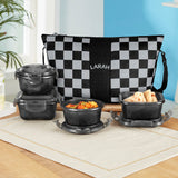 Borosil Larah Colormate Daisy Universal Lunch Box, Black Set of 4, 320ml x 2 + 240ml x 2