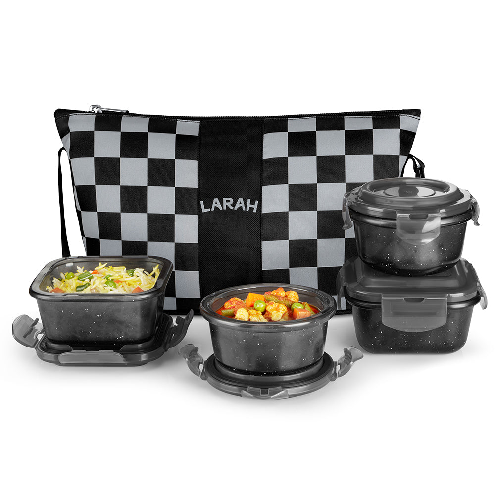 Borosil Larah Colormate Daisy Universal Lunch Box, Black Set of 4, 320ml x 2 + 240ml x 2
