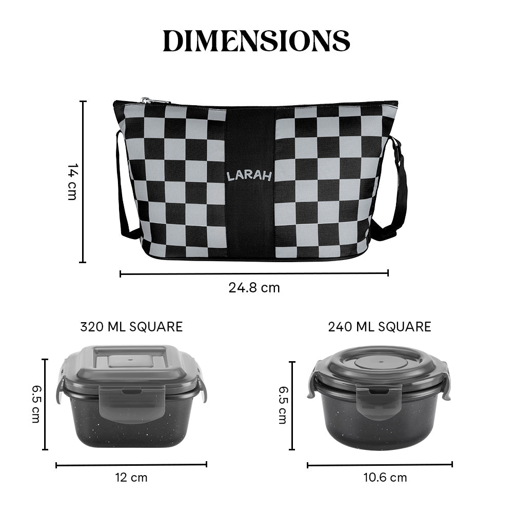 Borosil Larah Colormate Daisy Universal Lunch Box, Black Set of 4, 320ml x 2 + 240ml x 2