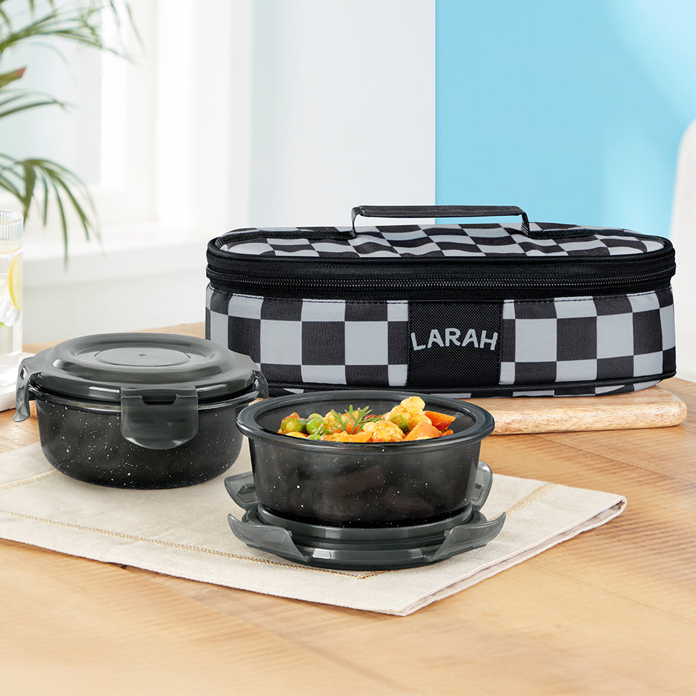 Borosil Larah Colormate Round Lunch Box, Black Set of 2, 400ml