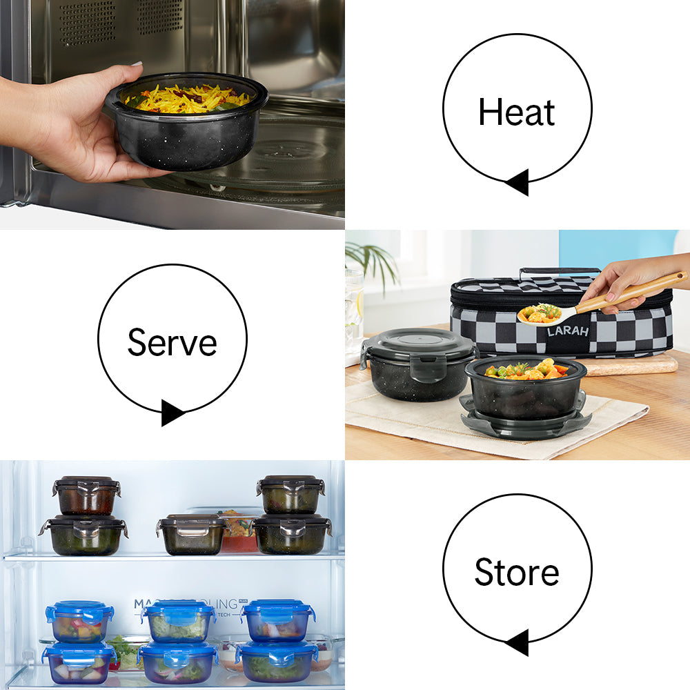 Borosil Larah Colormate Round Lunch Box, Black Set of 2, 400ml