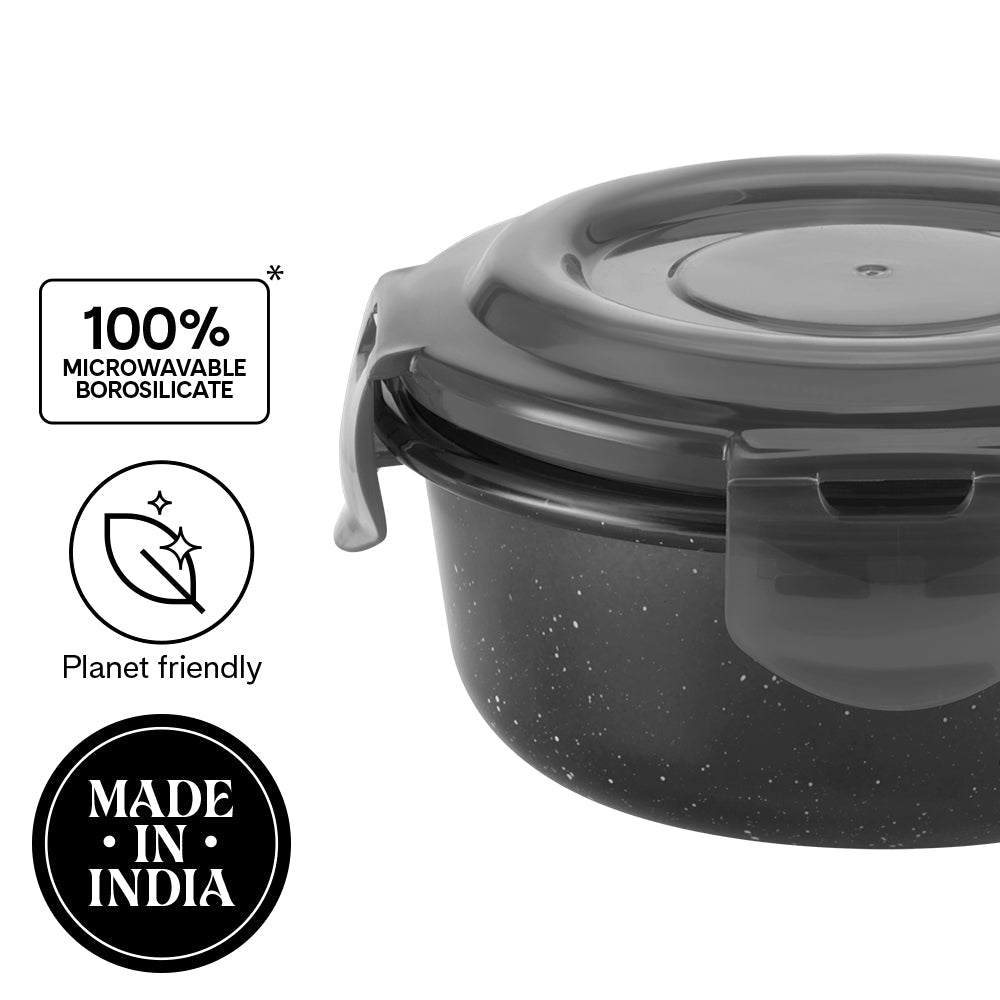 Borosil Larah Colormate Round Lunch Box, Black Set of 2, 400ml