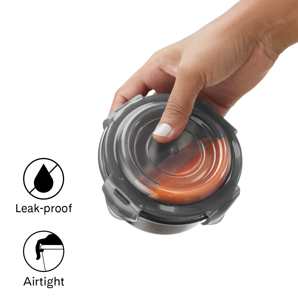 Borosil Larah Colormate Round Lunch Box, Black Set of 2, 400ml