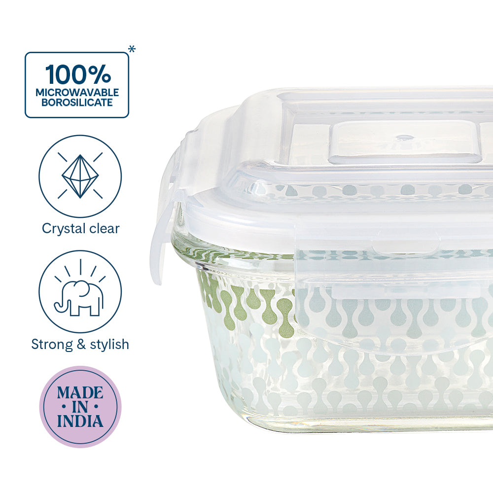 Borosil Larah Gracia Square Glass Lunchbox Set of 3, 320ml
