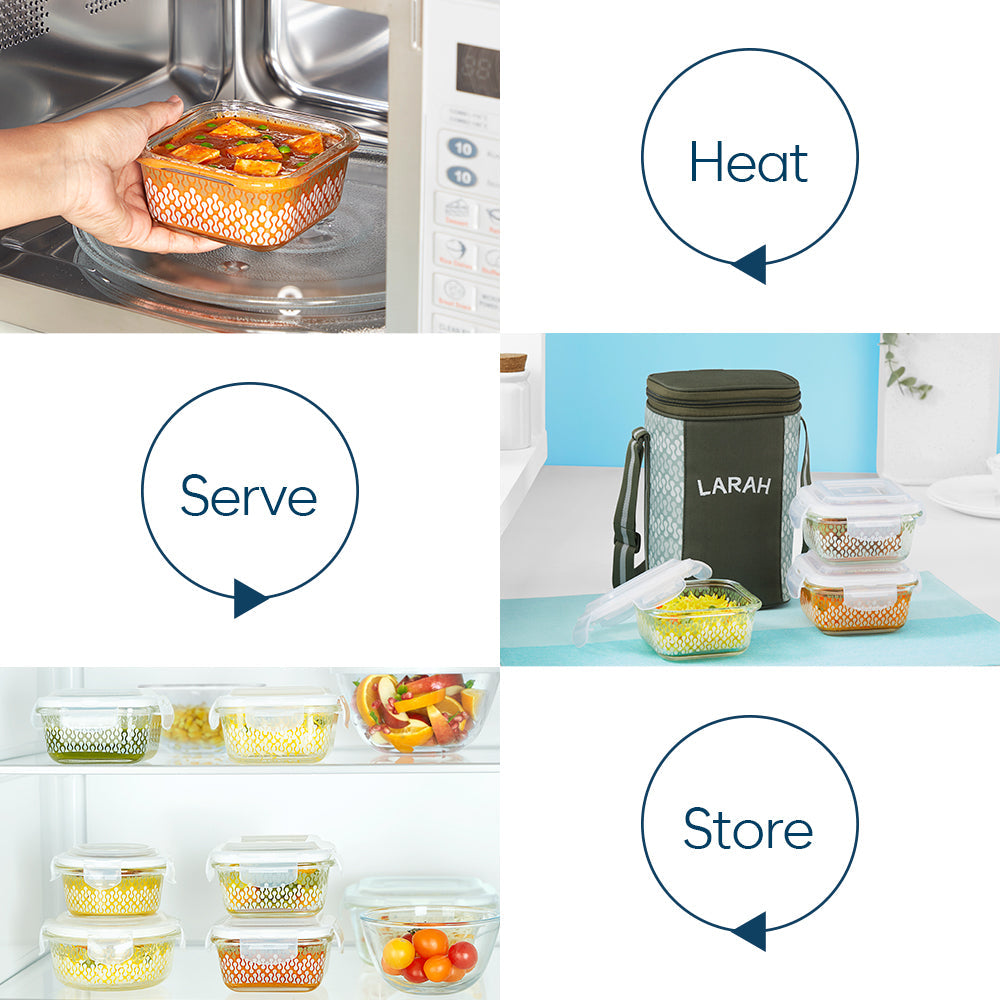 Borosil Larah Gracia Square Glass Lunchbox Set of 3, 320ml