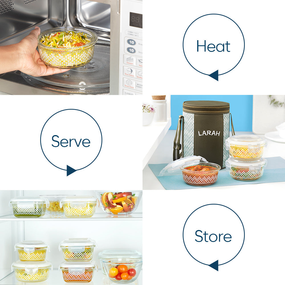Borosil Larah Round Glass Lunchbox, Set of 3, 400ml