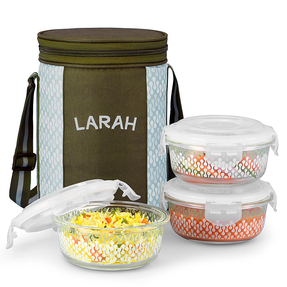 Borosil Larah Round Glass Lunchbox, Set of 3, 400ml
