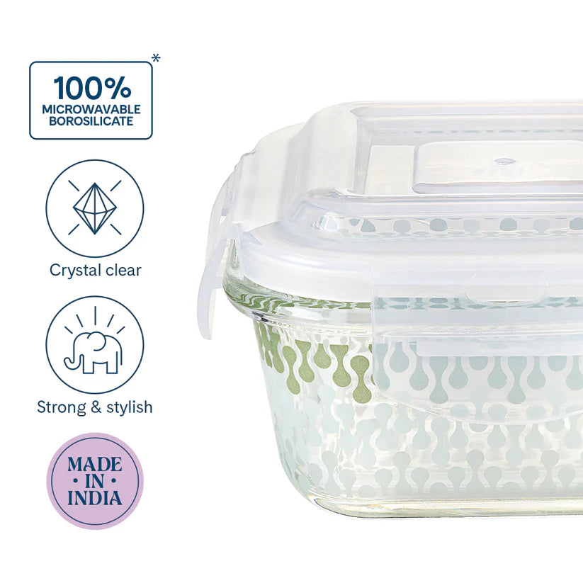 Borosil Larah Gracia Square Glass Lunchbox , Set of 2 , 320ml