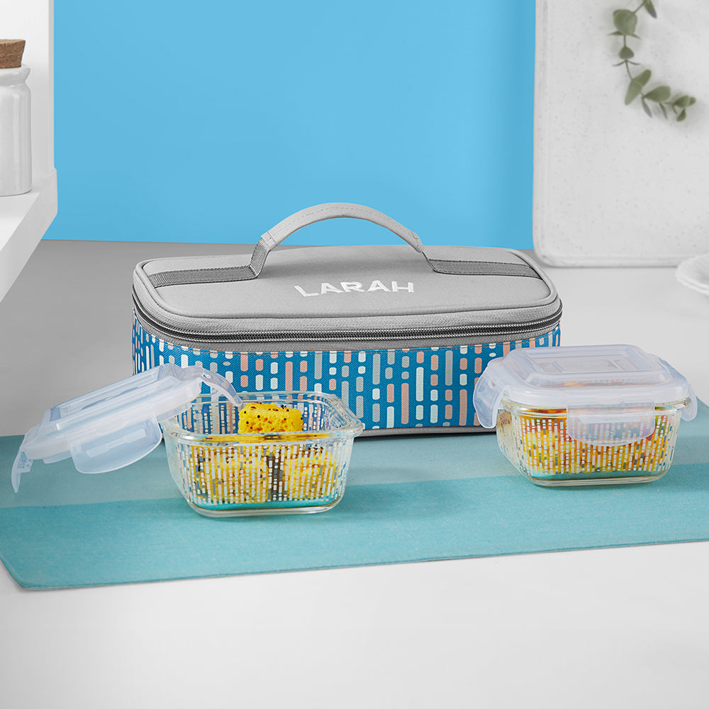 Borosil Larah Vogue Square Glass Lunchbox Set of 2, 320ml Blue