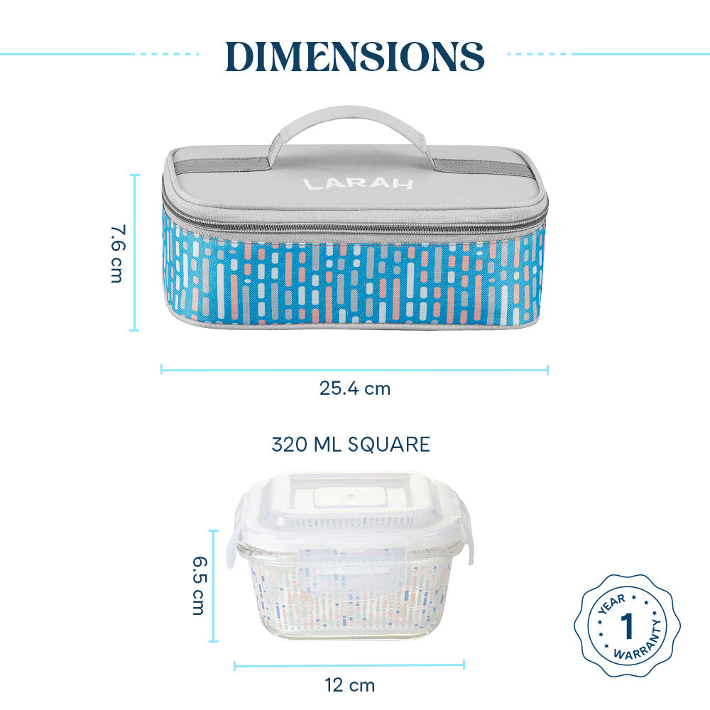 Borosil Larah Vogue Square Glass Lunchbox Set of 2, 320ml Blue