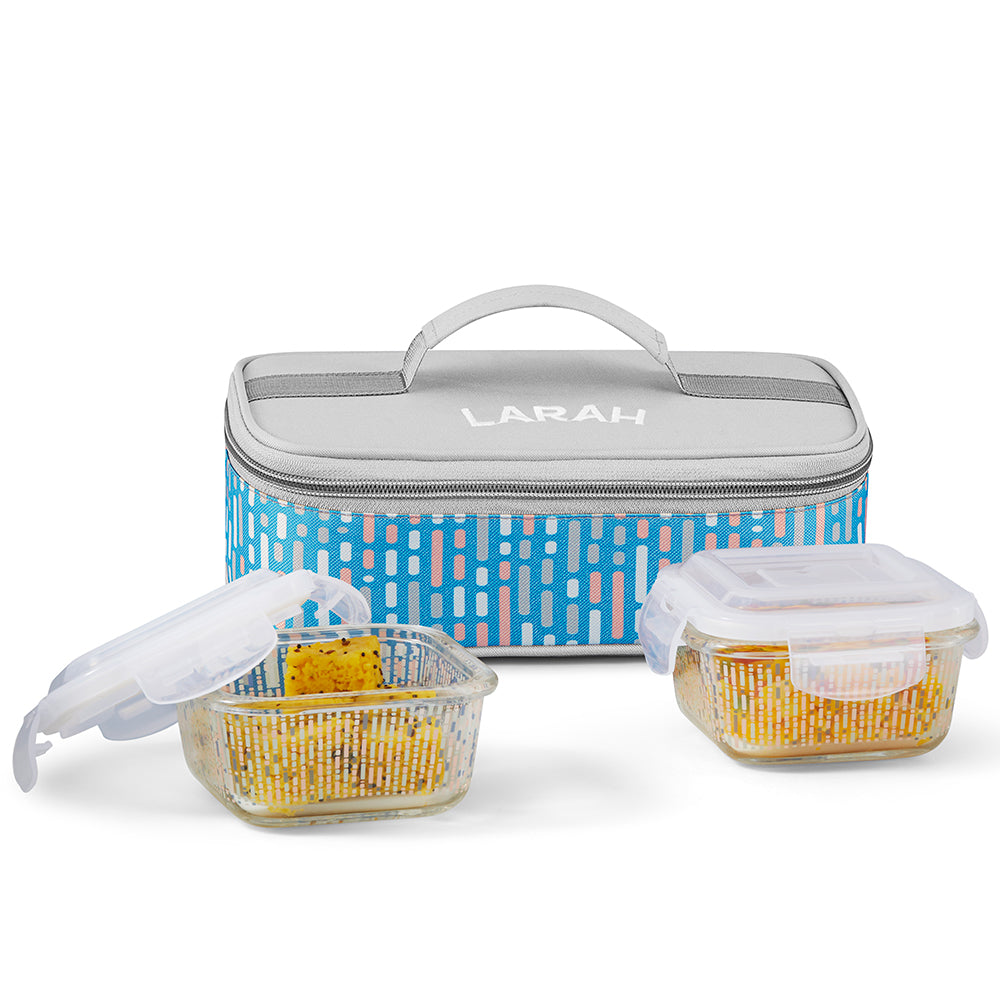 Borosil Larah Vogue Square Glass Lunchbox Set of 2, 320ml Blue