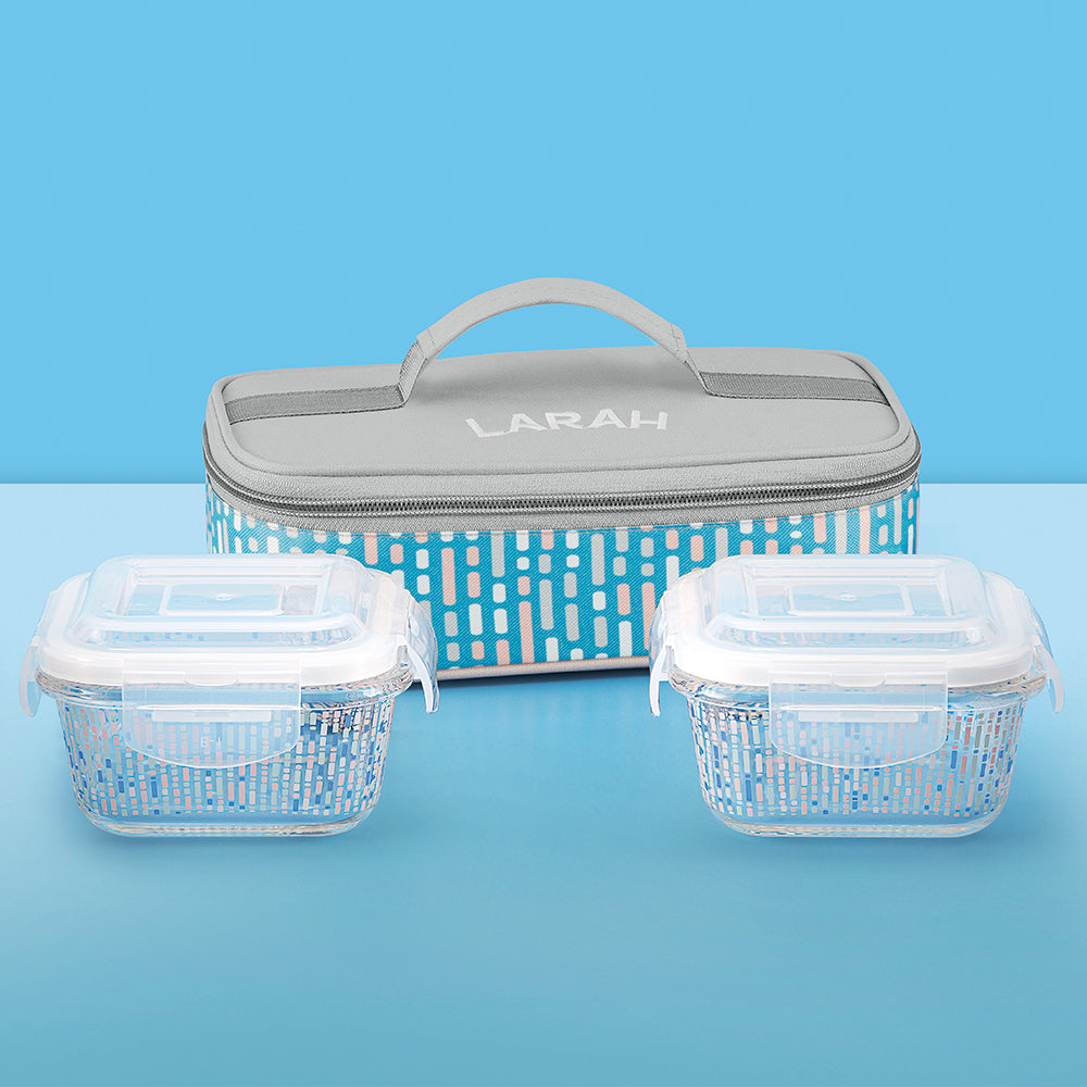 Borosil Larah Vogue Square Glass Lunchbox Set of 2, 320ml Blue