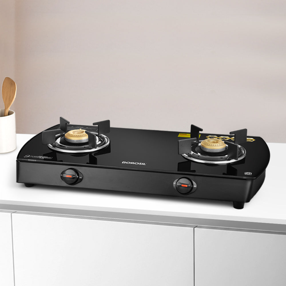 Borosil Prima Glass-top Gas stove, Brass Burners 2 burners (1Large & 1 small)