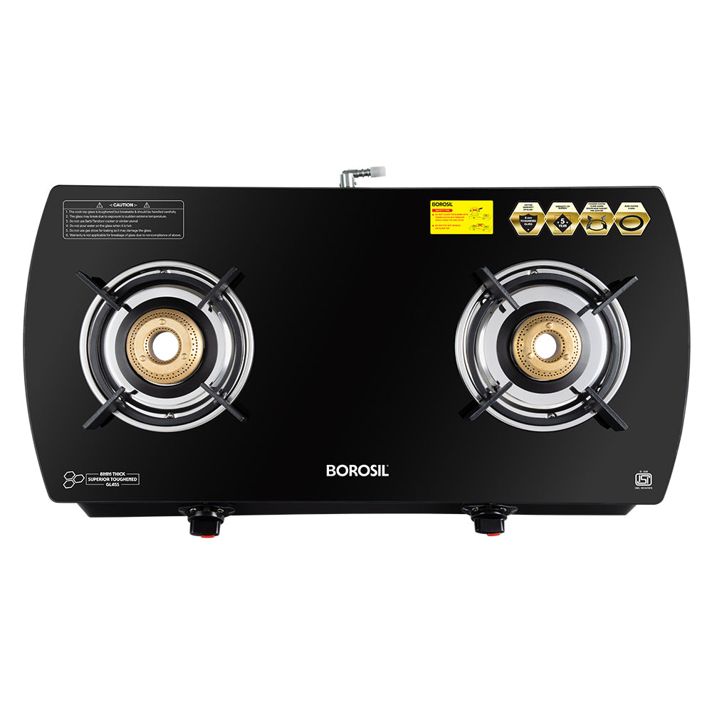 Borosil Prima Glass-top Gas stove, Brass Burners 2 burners (1Large & 1 small)