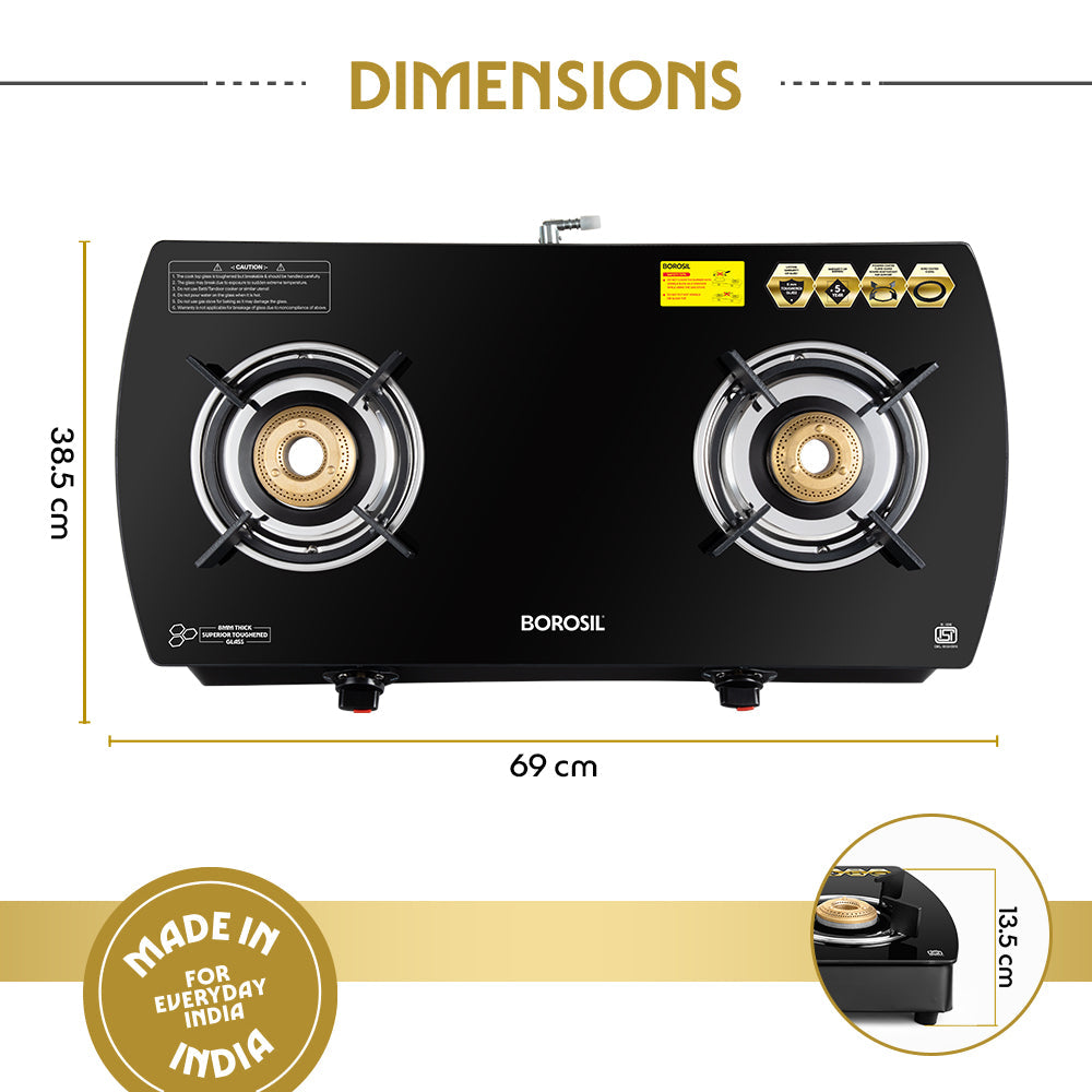 Borosil Prima Glass-top Gas stove, Brass Burners 2 burners (1Large & 1 small)