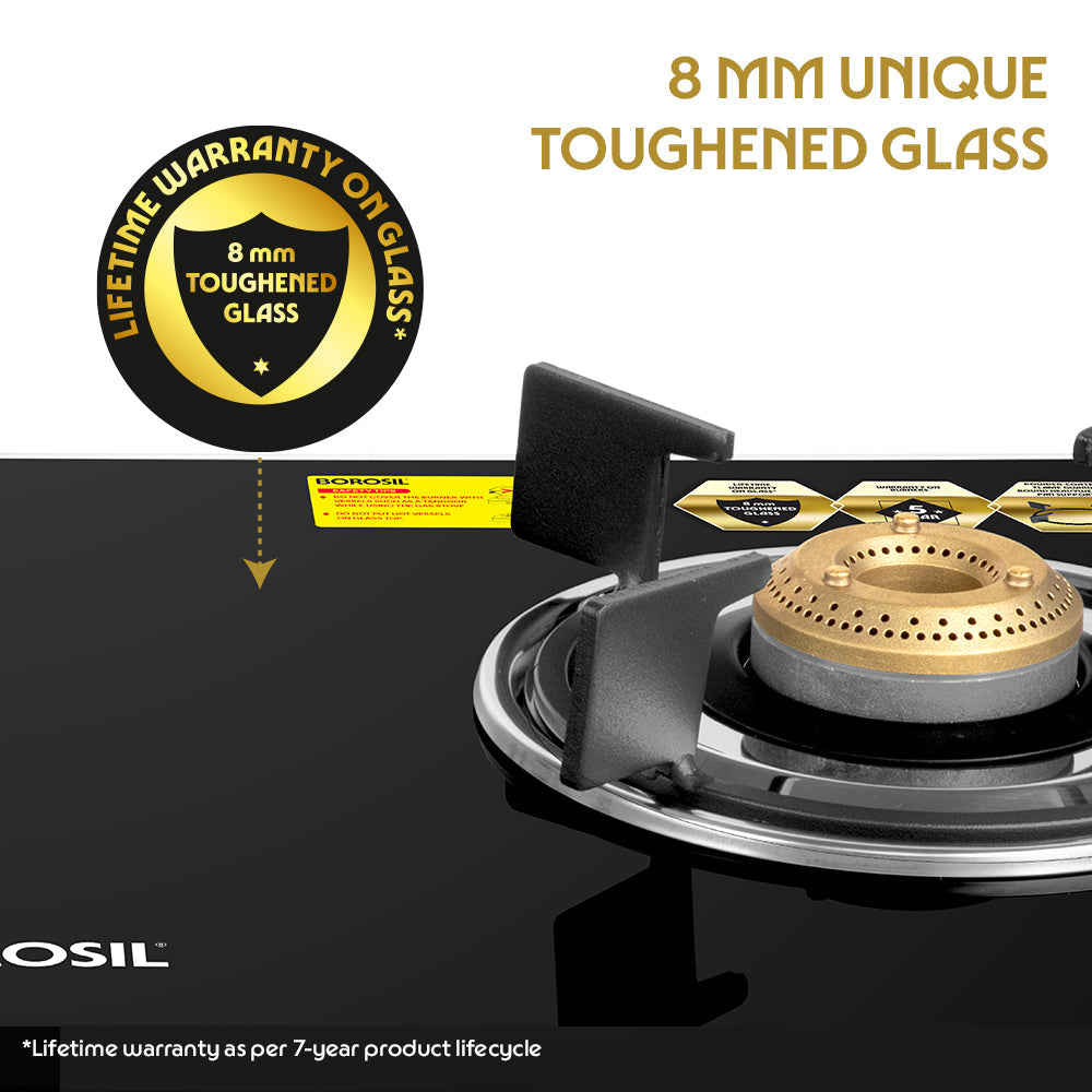 Borosil Prima Glass-top Gas stove, Brass Burners 2 burners (1Large & 1 small)