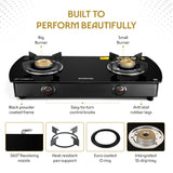 Borosil Prima Glass-top Gas stove, Brass Burners 2 burners (1Large & 1 small)