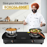 Borosil Prima Glass-top Gas stove, Brass Burners 2 burners (1Large & 1 small)