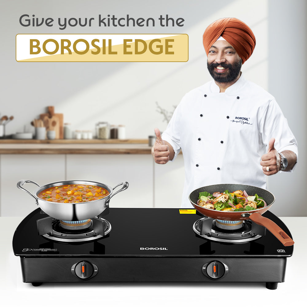 Borosil Prima Glass-top Gas stove, Brass Burners 2 burners (1Large & 1 small)