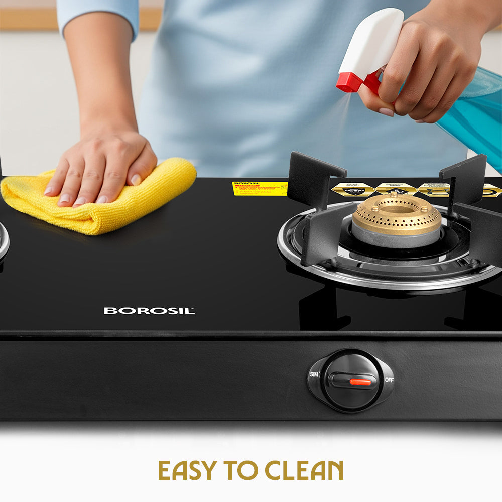 Borosil Prima Glass-top Gas stove, Brass Burners 2 burners (1Large & 1 small)