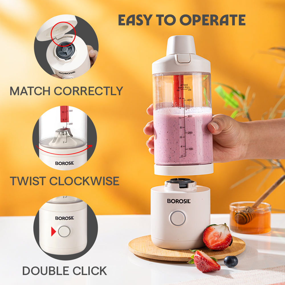 Borosil Nutrimate Portable Electric Blender with Grinder 75w,550ml