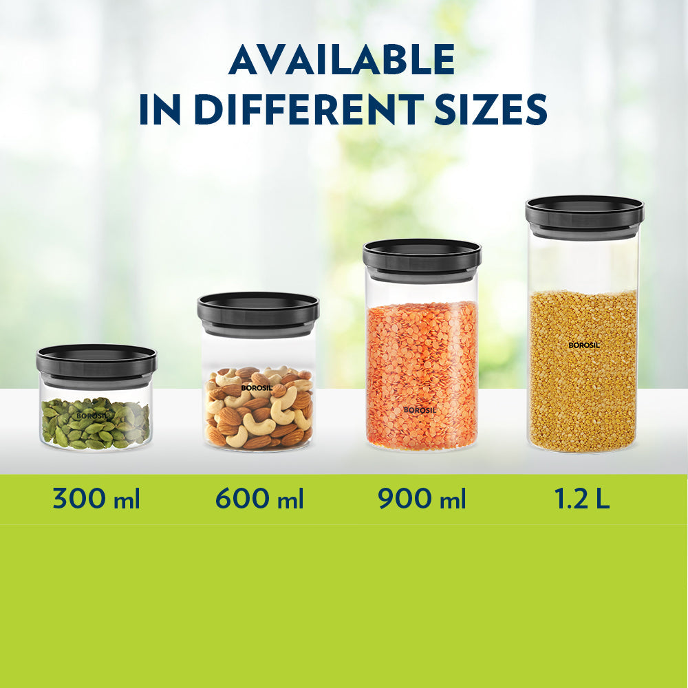Borosil Stack And Store Classic Glass Jar With Black PP Lid 600ml
