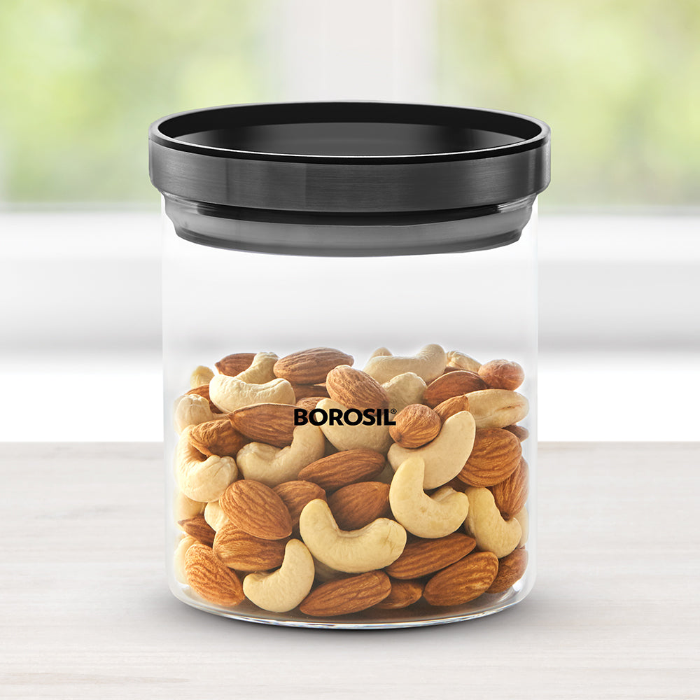 Borosil Stack And Store Classic Glass Jar With Black PP Lid 600ml