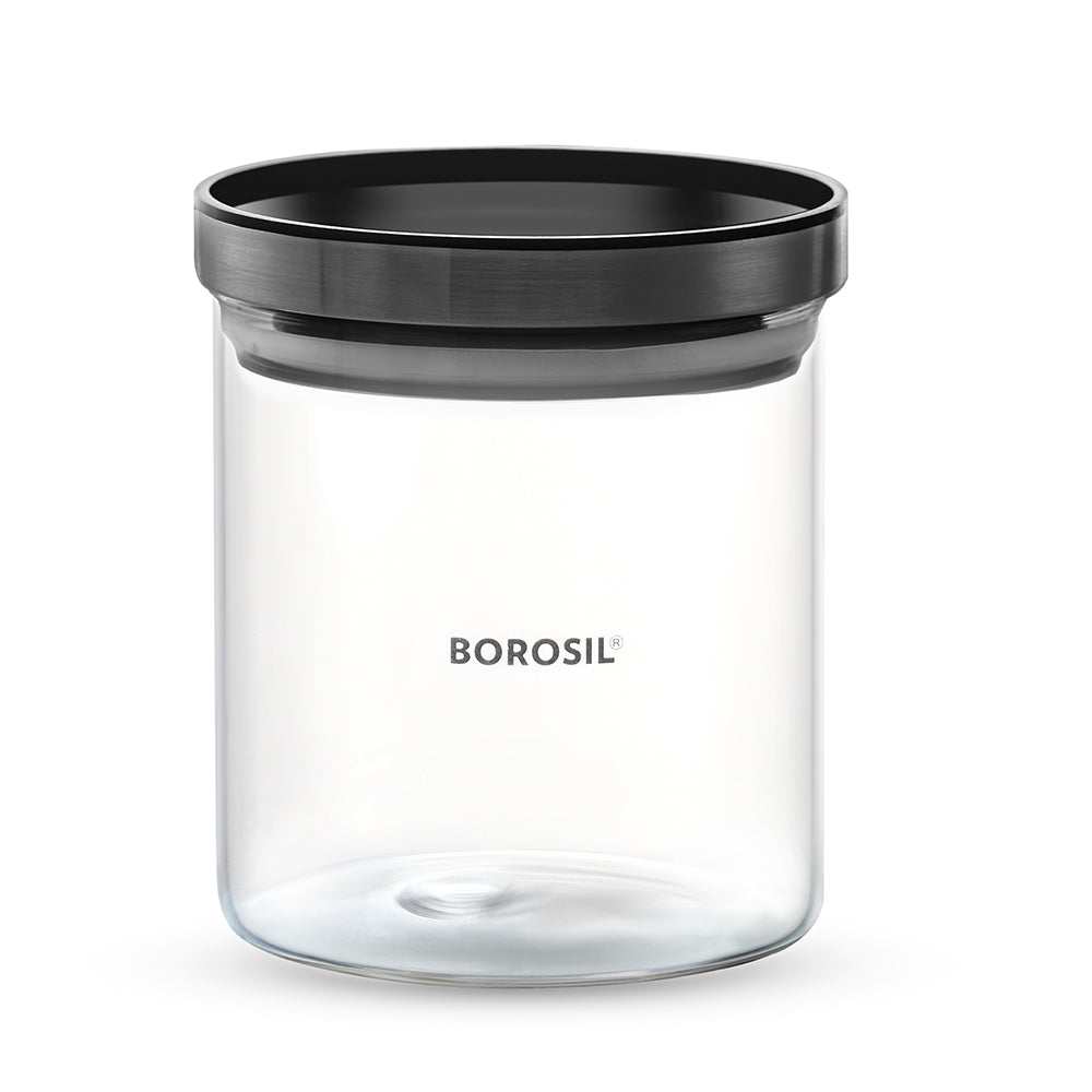 Borosil Stack And Store Classic Glass Jar With Black PP Lid 600ml