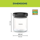Borosil Stack And Store Classic Glass Jar With Black PP Lid 600ml