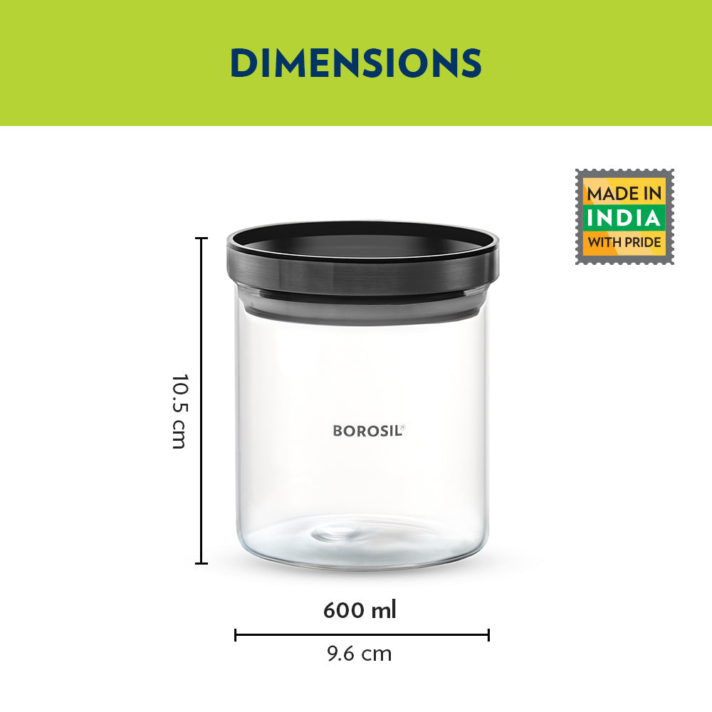 Borosil Stack And Store Classic Glass Jar With Black PP Lid 600ml