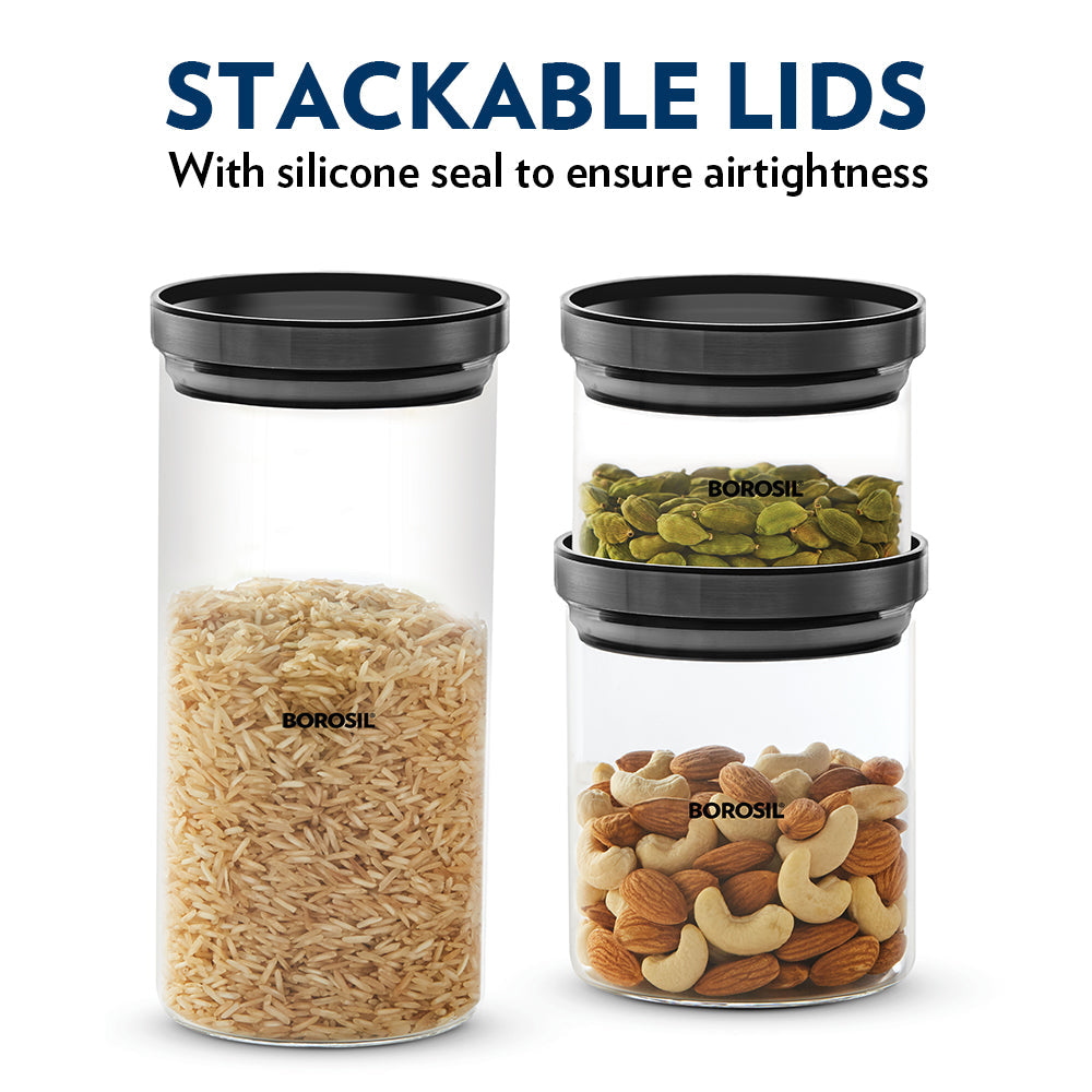 Borosil Stack And Store Classic Glass Jar With Black PP Lid 600ml