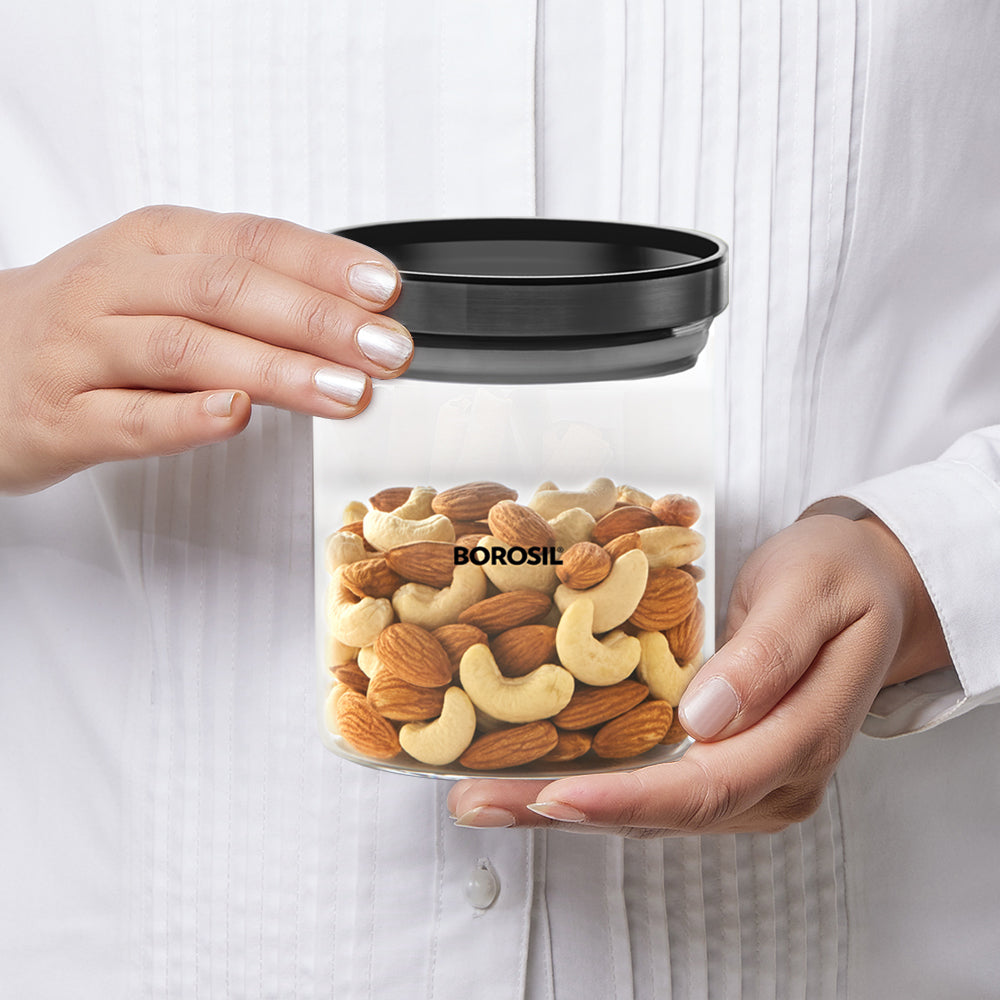 Borosil Stack And Store Classic Glass Jar With Black PP Lid 600ml