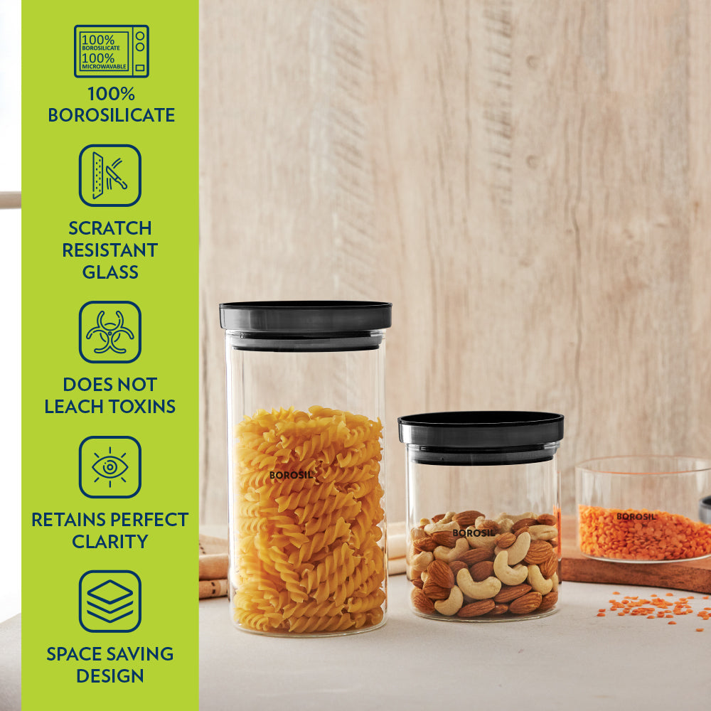 Borosil Stack And Store Classic Glass Jar With Black PP Lid 600ml