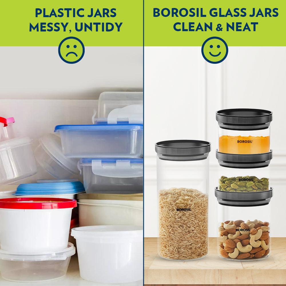 Borosil Stack And Store Classic Glass Jar With Black PP Lid 600ml