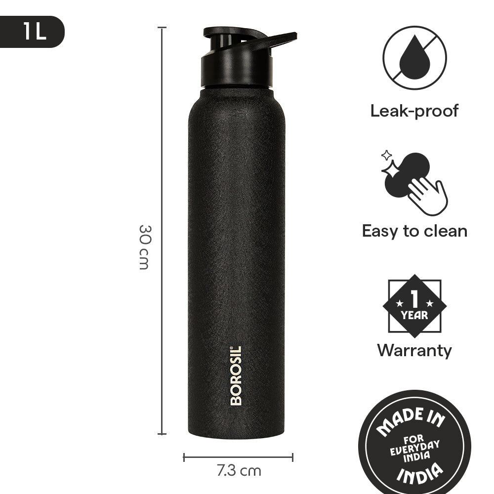 Borosil Cosmo SS Single Wall Bottle, Black 1L