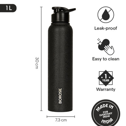 Borosil Cosmo SS Single Wall Bottle, Black 1L