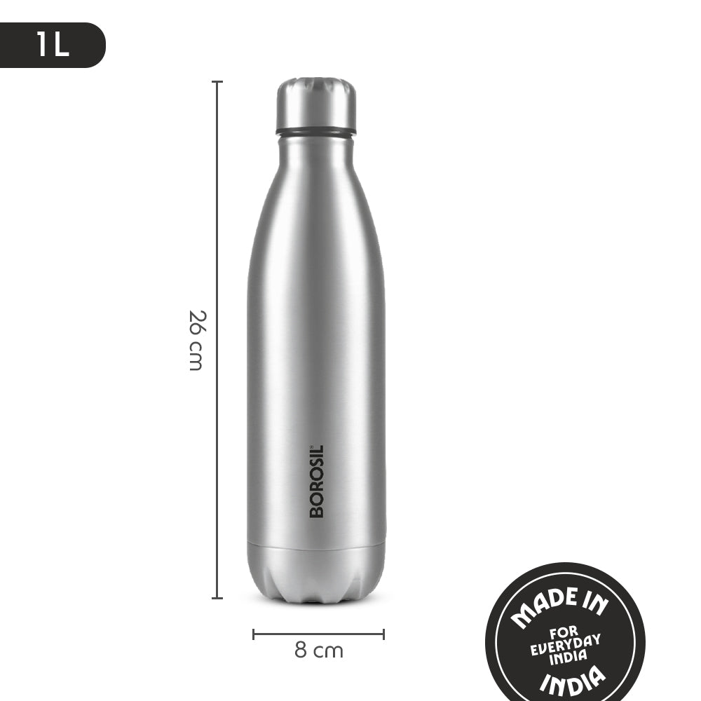 Borosil Bolt Single Wall SS Bottle 1L