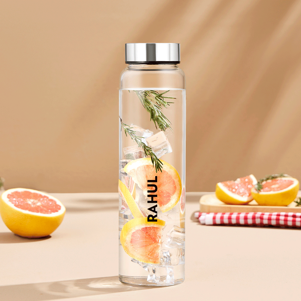 Borosil Personalised Crysto Wide Mouth Clear Glass Bottle 1L - SS Lid