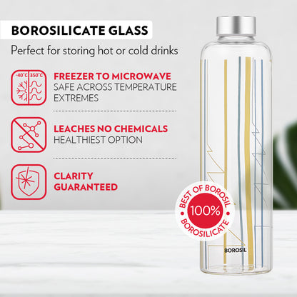 Borosil Crysto Narrow Mouth Sintra Glass Bottle 1L - Silver Lid
