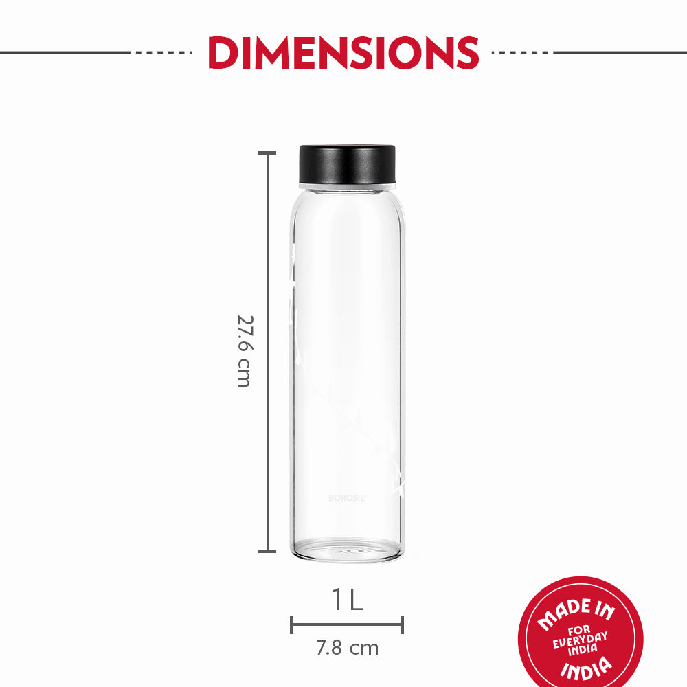 Borosil Crysto White Krip Glass Bottle 1L - Black SS Lid