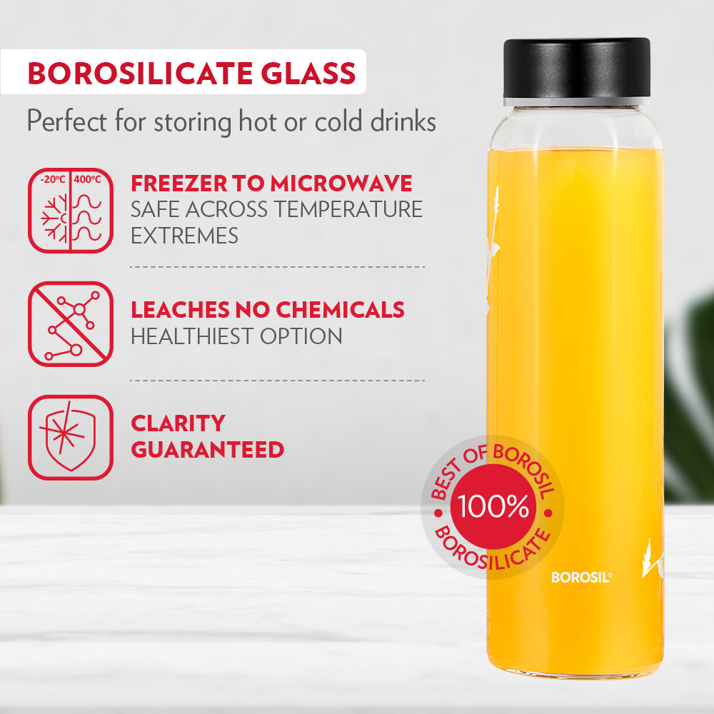 Borosil Crysto White Krip Glass Bottle 1L - Black SS Lid