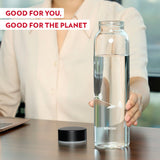 Borosil Crysto White Krip Glass Bottle 1L - Black SS Lid