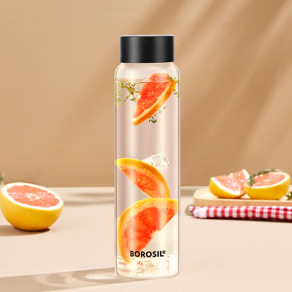 Borosil Crysto Wide Mouth Clear Glass Bottle 1L - Black Lid