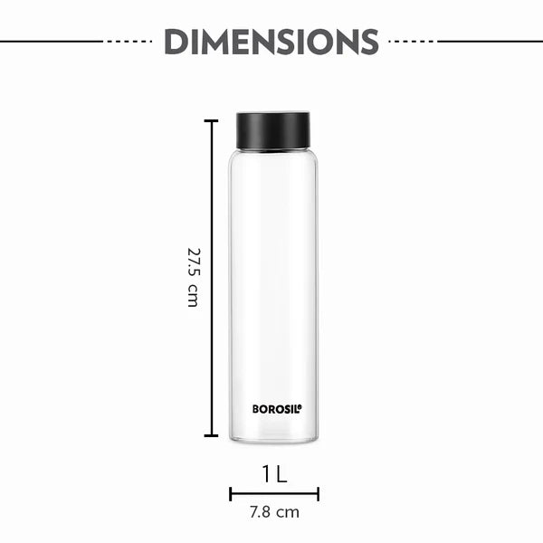 Borosil Crysto Wide Mouth Clear Glass Bottle 1L - Black Lid